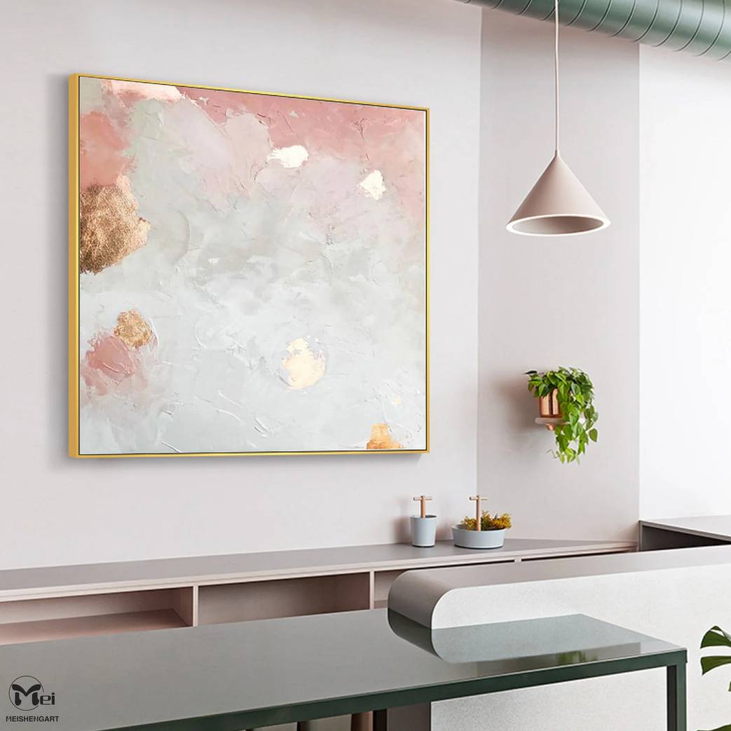 Pink Original Leaf Gold Painting Abstract Canvas Artwork 5YZ7Q